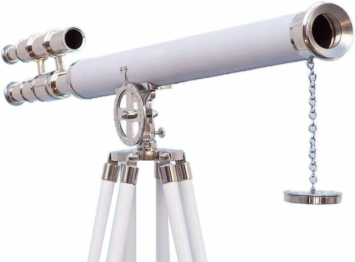 64 Inches Floor Standing Admiral Chrome Griffith Astro Telescope, Nautical Home Decor Fully Functional White Leather Decorative Telescopes