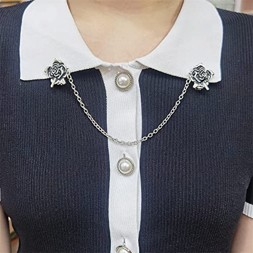 Image of Antique Collar Clips Brooches Lapel Pins for Women Girls Unisex Vintage Elegant Enameled Flower Imitation Pearl Blue Rhinestone Layered Tassel Chain Drop Dangling Necktie Tie Shawl Scarf Dress Accessories Jewelry Christmas Birthday