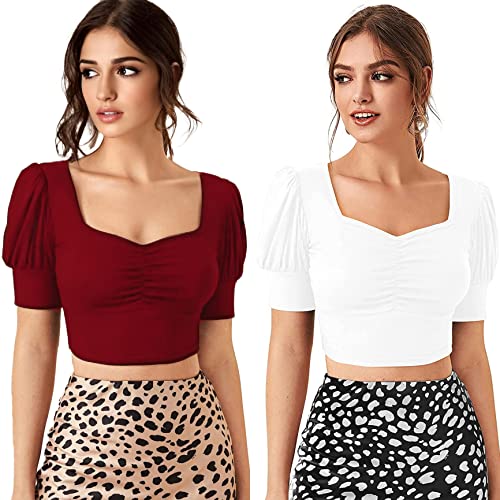 Image of Istyle Can Sweetheart Neck Ruched Front Puff Sleeve /Half Sleeve Streachable Solid /Plain Slim Fit Crop top for Women | Women's Slim FIT Crop TOP | Tops for Women