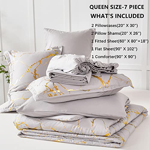Yogeneg Gold Metallic Marble Comforter Set Queen Size,7 Piece Bed In A Bag,Foil Print Glitter Grey Comforter And Sheet Set,All Season Soft Microfiber Complete Bedding Sets(Grey,Queen) #TOP5