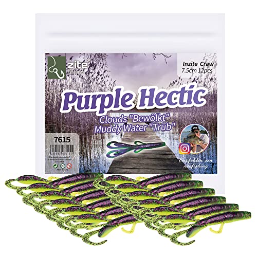Zite Fishing Creature Bait Gummiköder Inzite Craw - 12 STK Drop Shot Finesse Angelköder Barsch & Zander Angeln - Auch UV-Aktive Kunstköder Farben (Purple Hectic)