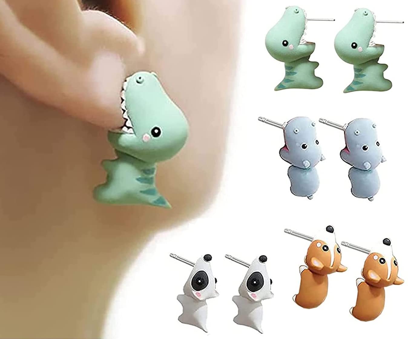 [4 Pack] 2022 New Cute Cartoon Animal Bite Ear Earring-Dinosaur Shark Hippo Corgi Studs Earrings, 3D Environmentally Friendly Alloy Piercing-Handmade Polymer Stud for Girls Women (Set 1)