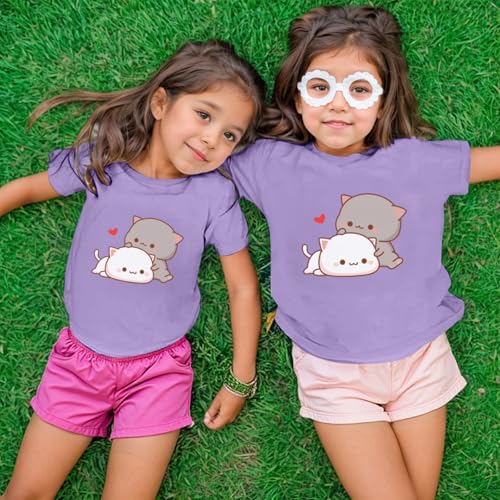 Image of KEEVICI Cute Cat Shirts for Girls Graphic Tees Kids Kawaii Cartoon Animal Print T Shirt Summer Cotton Short Sleeve Tops