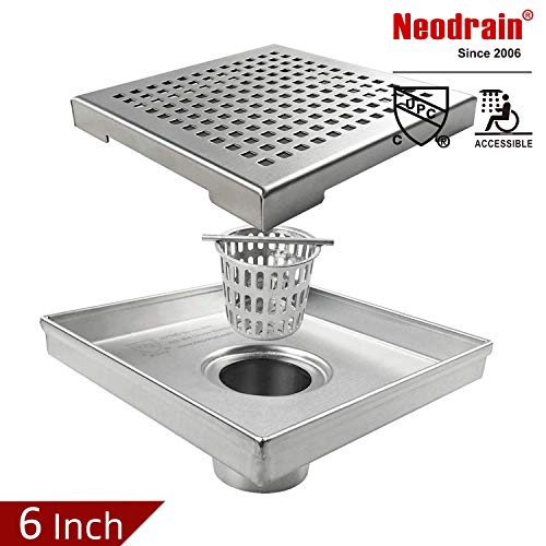 Neodrain Square Shower Drain with Removable Quadrato Pattern Grate, 6-Inch, Brushed 304 Stainless