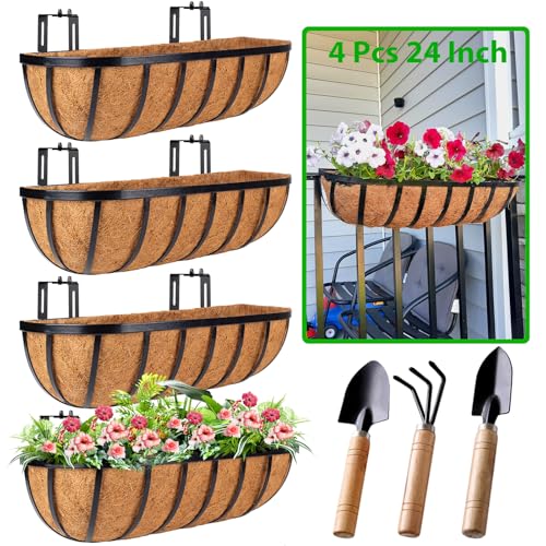 HKZ Deck Balcony Railing Planter Window Boxes - 4 Pack 24 Inch Planter Box Balcony Planters Railing Hanging Window Boxes Outdoor Fence Planters