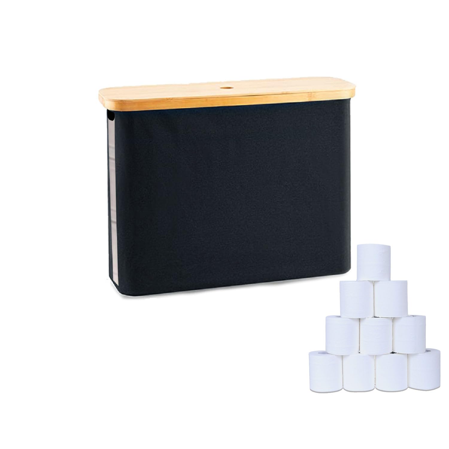 Cesta de almacenamiento de papel higiénico, organizador de papel higiénico con tapa de bambú para baño, soporte de papel higiénico independiente con ventana de visualización (negro)