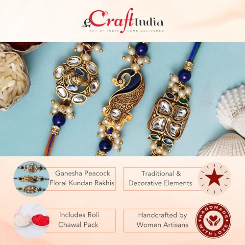 Image of eCraftIndia Set of 3 Lord Ganesha Peacock Floral Kundan Designer Rakhi for Brother with Best Bro Ever Fridge Magnet & Roli Chawal Pack | Raksha Bandhan Rakhi Combo | Traditional Festive Thread Set
