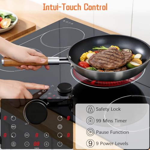 Image of 36 Inch Electric Cooktop(35.43 x 20.47inch), 5 Burner Built-in Electric Stove Top, 9600W 240V Cooktop with Magnetic Knob, Touch Control, 99Min Timer, Safety Lock, BBQ