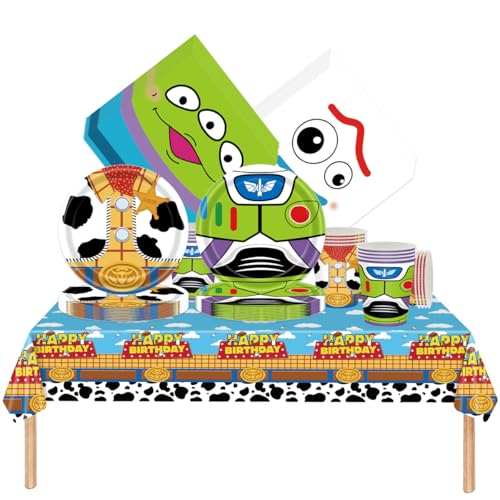 Fuwraixis Vaisselle de fête Cartoon Story, 61 pièces Vaisselle pour anniversaire d'enfants, Nuages Ensemble d'assiettes en papier, Thème des jouets Décorations de fête, pour 20 invités