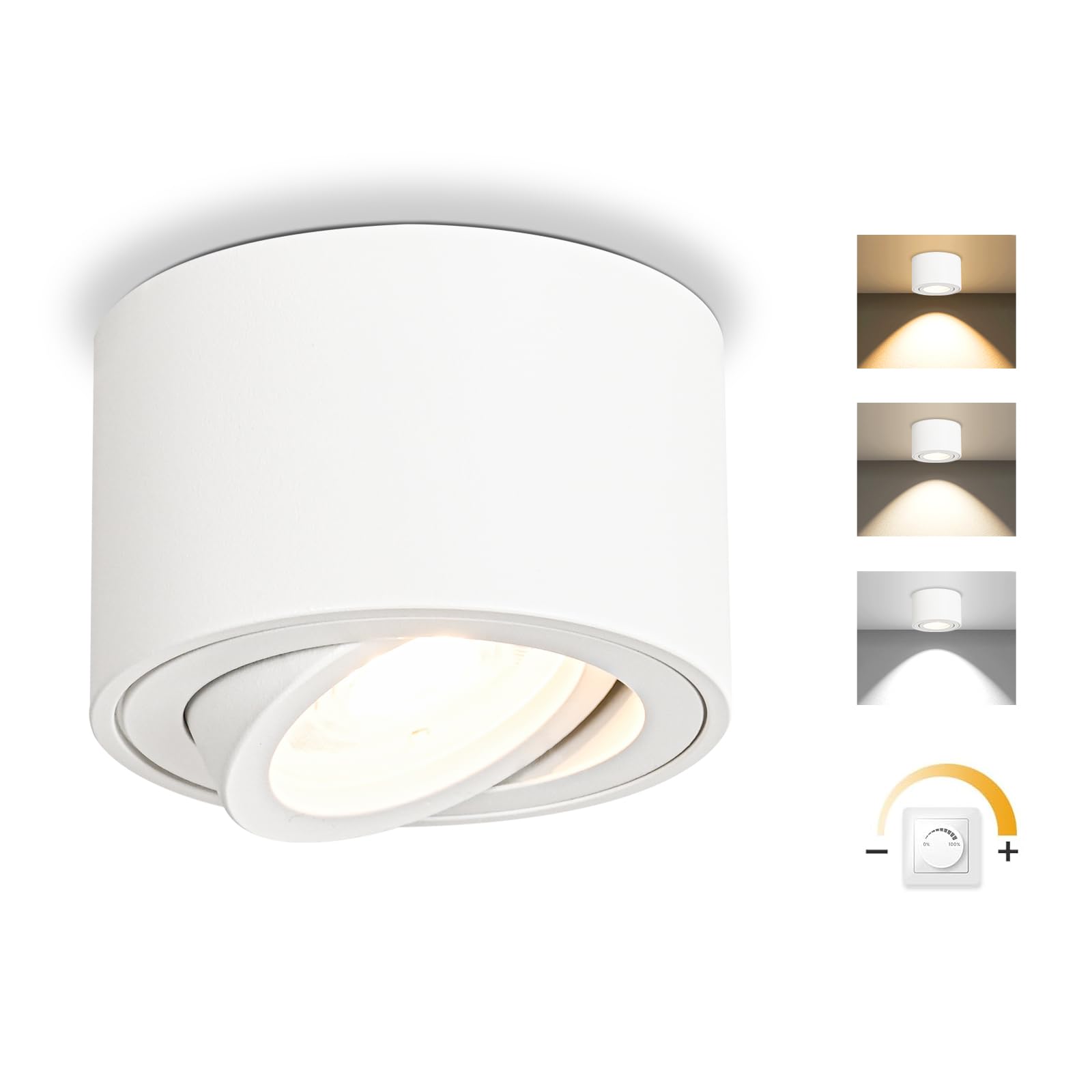 GeyouLux LED Surface-Mounted Spotlights, Dimmable, White, Extra Flat, 30° Swivel, Diameter 80 x 50 mm, Ceiling Spotlights, 5 W, 500 lm, LED Module 230 V - 3000 K/4000 K/6500 K, Surface-Mounted — image 1