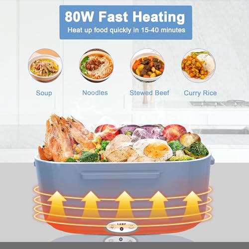 Image of Electric Heated Lunch Boxes Adults: 80W Electric Lunch Box Food Heated 12 /24 /110V 1.5L Heatable Lunch Box for Car /Truck /Office Leak-Proof Stainless Steel Container,Fork & Spoon,Bag (Light Blue+White)
