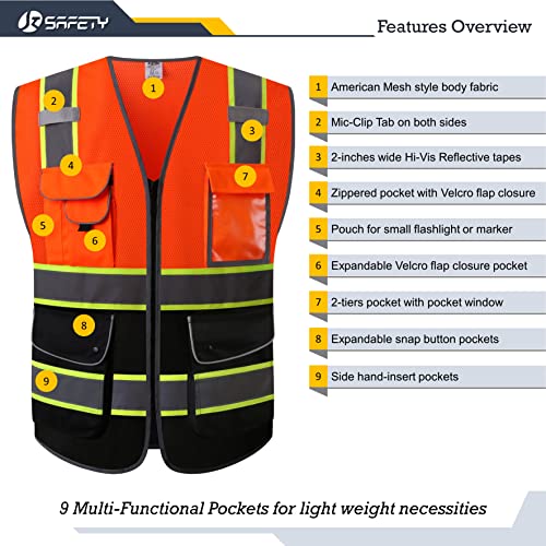 Image of JKSafety 9 Pockets Hi-Vis Fluorescent Color Mesh Reflective Safety Vest for Men Women | Chaleco de seguridad para hombres y mujeres (100-Orange-Black 5XL)
