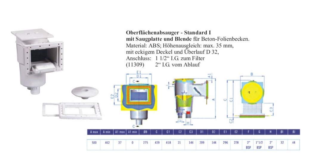 Astral Einbauskimmer Standard 1 - Saugöffnung 21x15 cm