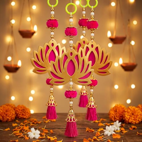 Image of JH Gallery Pink Pom Pom Lotus for Ganpati Decoration Setup for Home - Handmade Ganesh Chaturthi Backdrop, Pooja Room, Mandir & Main Door Toran (11 Inch, Pack of 10)