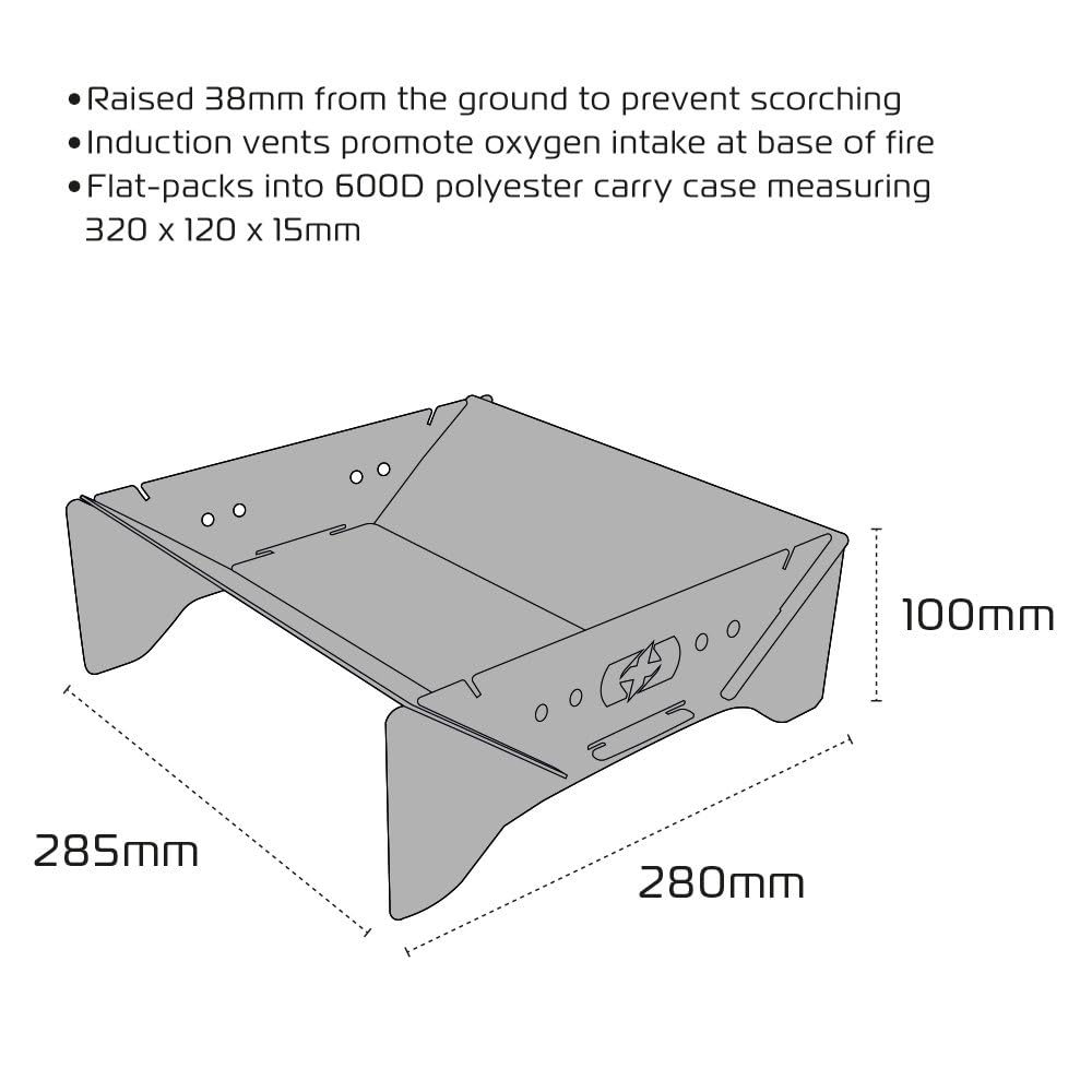 Oxford FirePit - Braciere portatile in acciaio inox con custodia per il trasporto, design leggero e piatto, per campeggio, spiaggia, viaggi, escursionismo, barbecue, base rialzata, facile da montare