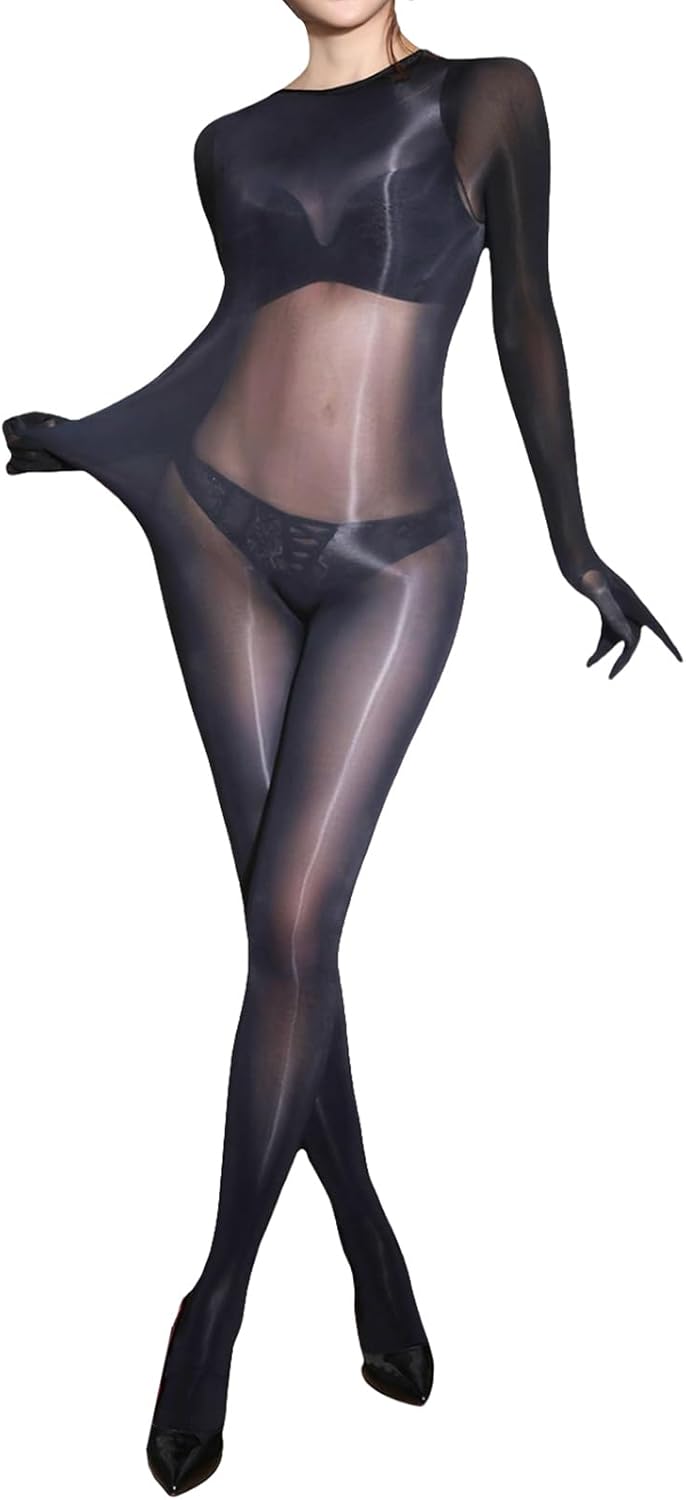 Oil Shiny Full Bodystocking Long Sleeve Body Stockings for Women 5 D Shimmer Pantyhose