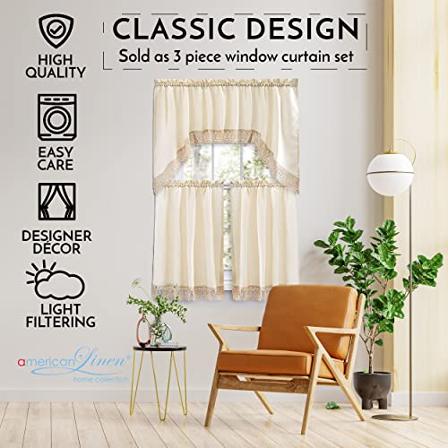 American Linen Café Curtains for Kitchen, Bathroom Curtains with Valance, Embroidered lace Border. (Beige)