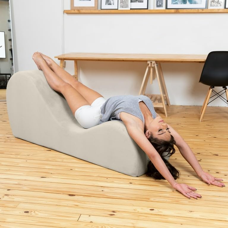 Image of Wooden Luxury Yoga Lounge Chair | Premium Chaise Lounge Sofa with Velvet Upholstery | Living Room, Bedroom & Reading Lounge Furniture | White