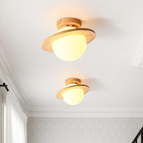 Miniatura 3 de Lámpara de techo de cristal moderna de mediados de siglo, lámpara de techo semiempotrada de madera, lámpara de techo de globo de vidrio de leche