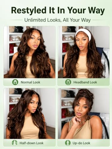 Image of KLAIYI Auburn Chestnut Brown Loose Body Wave Pre Everything Glueless 13x4 Lace Front Wigs Human Hair Drawstring Precut Lace Pre Plucked Bleached Ready to Wear and Go Wig with Face Framing Bang 26Inch