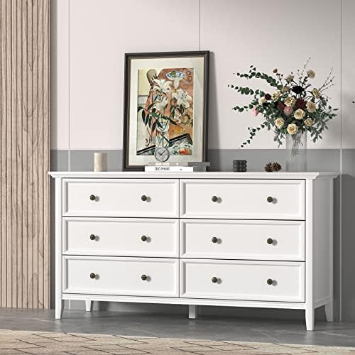 IKENO 6 Drawer Double Dresser, 55 inch Solid Wood Bedroom Dresser in