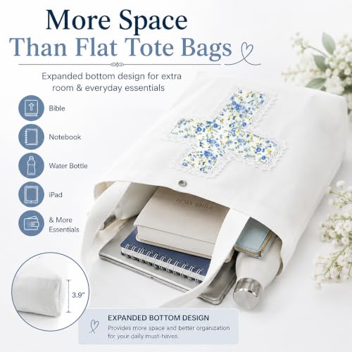 Image of Christian Tote Bag Gift for Women, Canvas Bible Bag Handmade Floral Cross