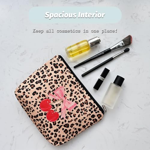 Leopard Print Cherry Makeup Bag,Cosmetic Bag for Women, Large Capacity Toiletry Bag,Zipper Pouch, Travel Accessories Storage with Lining3