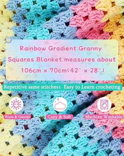 Image of Aeelike Crochet Blanket Kit for Beginners-Rainbow Granny Squares Stripe Blanket, Complete Crochet Kit for Adults w Gradient Yarn & Instructions, Easy Learn to Knit for Beginners