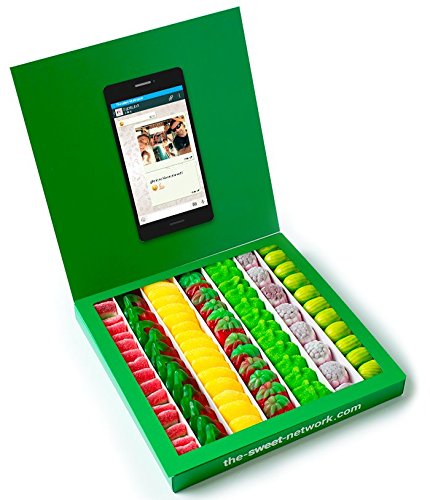 Caja golosinas Whatsapp 23x23cm con mensaje personalizado, su interior contiene 750g de golosinas Fruit