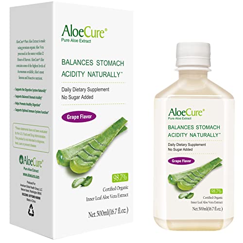 Aloecure Pure Aloe Vera Juice Grape Flavor 500Ml Bottle, Acid Buffer, Certified Organic Aloe Processed Within 12 Hours Of Harvest To Maximize Nutrients, No Charcoal Filtering-Inner Leaf #TOP3