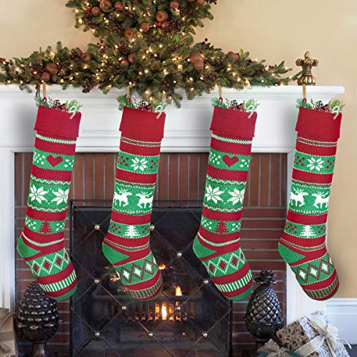 Limbridge Christmas Stockings, 4 Pack 24 Inches Extra Long Stripe Snowflake Knit Knitted Xmas Rustic Personalized Large Stocking Decorations For Family Holiday Season Decor, White Red Green #TOP4