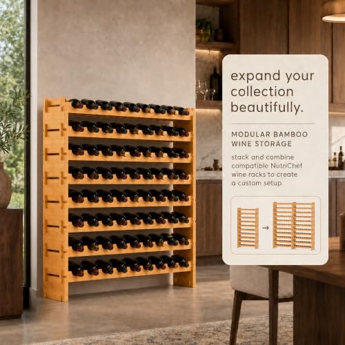 Image of NutriChef 72 Bottle Wine Rack Stackable Bamboo Freestanding, 8-Tier Modular Shelf, Sturdy Wobble Free, Upgraded 2026 Design, Easy No-Tool Assembly for Kitchen, Cellar or Bar Storage 33.5 inch x 10 inch x 41 inch