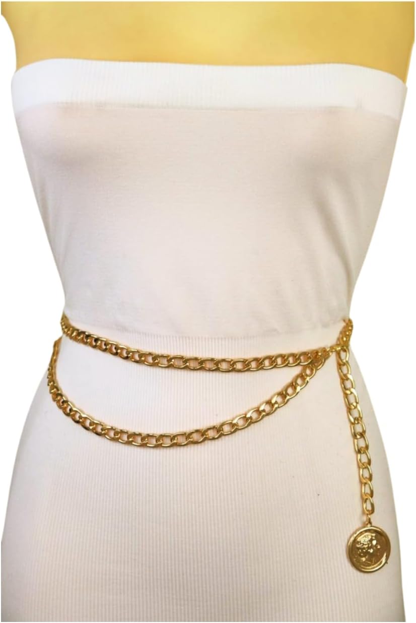 Women Fashion Belt Hip Waist Gold Metal Chain Links Wave Coin Charm Medallion Size M L XL z306