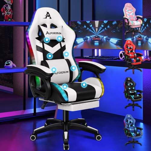 ALFORDSON Gaming Stuhl Gamer Stühle RGB LED Racing Gamer-Stuhl PC-Gaming-Sessel Massage Bürostuhl ergonomisch Fußstützen, Schreibtischstuhl, Neigungswinkel 90-150°,180 kg belastbar, Weiß