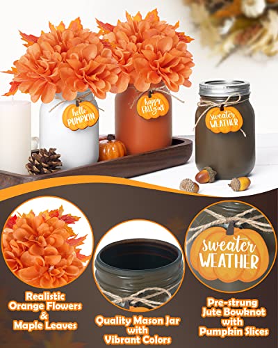 Nefelibata Fall Mason Jar Floral Arrangement Table Centerpiece With Faux Maple Leaves Pumpkins Slices Autumn Farmhouse Decor Tiered Tray Happy Fall Y'all Home Ornaments Set Of 3 Orange-White-Brown #TOP4