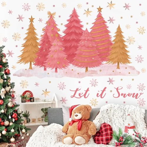 HPNIUB Large Pink Christmas Tree Wall Stickers Let It Snow Snowflake Xmas Winter,Pink Window Sticker,Merry Christmas Wall Sticker Snowman,Xmas Tree Snowflake Wallpaper for Glass Party Home Living Room