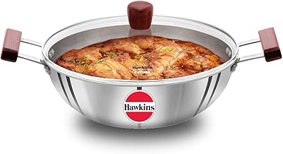 Hawkins 5 Litre Deep Kadhai, Triply Stainless Steel Kadai with Glass Lid, Flat Bottom Induction Deep Kadhai, Big Kadai, Silver (SSK50G)