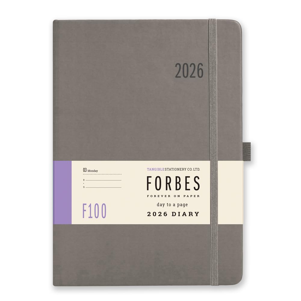 2026 Diary A5 Day to a Page - Forbes from Tangible Stationery Co. Ltd - Hardback - Diary with Appointments - Ribbon Marker - Elastic Closure - Storage Pocket - Grey