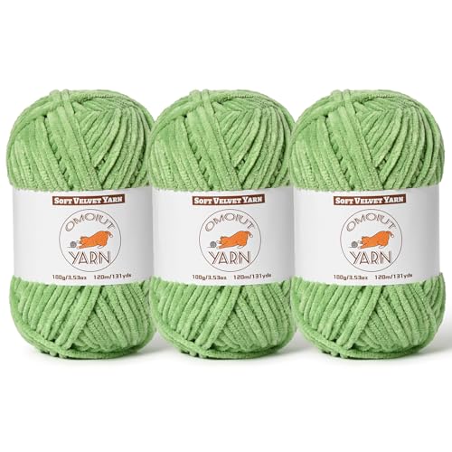 3 Pack Avocado Green Fluffy Velvet Yarn for Crocheting,Chunky Chenille