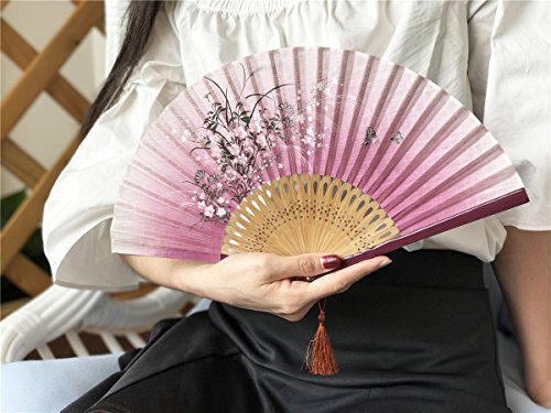 Omytea® "Grassflowers 8.27"(21Cm) Hand Held Folding Fans - With A Fabric Sleeve For Protection For Gifts - Chinese/Japanese Vintage Retro Style (Red) #TOP3