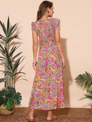 Image of Seta T Women's Summer Dresses Casual Ruffle Sleeveless V Neck Floral Sundress Flowy Smocked Beach Maxi Dress