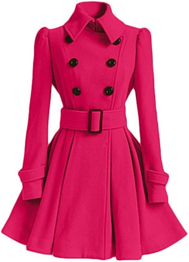 Juankrynord Abrigo de mujer de invierno de moda casual irregular Solapa de doble botonadura gruesa A-line guisante abrigo con cinturón Ligero abrigo de doble botonadura trinchera Slim fit (Rosa,XXL)