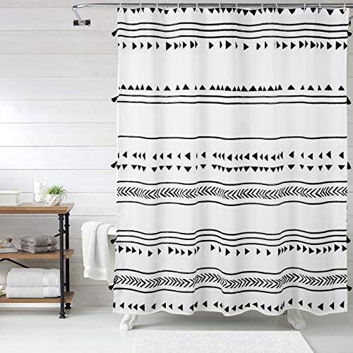 Uphome Extra Long Fabric Shower Curtain for Bathroom, Black and White Boho Shower Curtain Set Chic Triangle Geometric Tassel Cloth Bath Curtains, Waterproof Machine Washable for Modern Bathtub 72 x 78