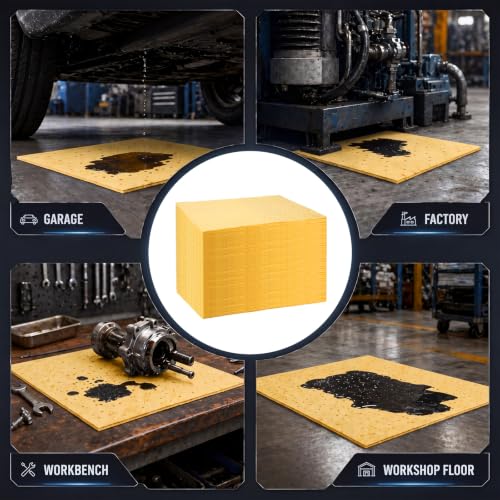 Image of Hoolerry 100 Pcs Oil Absorbent Pad for Spill, 12 x 15 Inch, Yellow