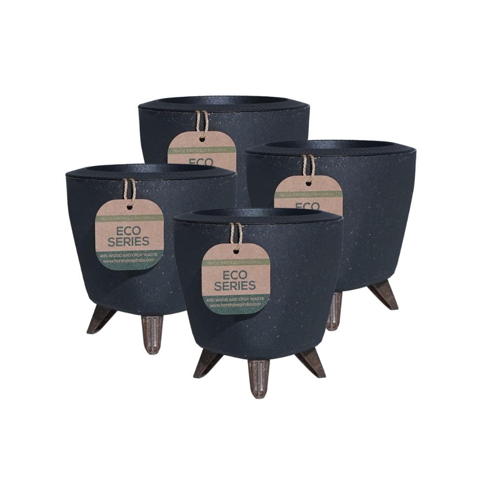 Harshdeep Self Watering Flower Pot - Lagos - Indoor Home Living Room Office Tabletop Decorative Eco Friendly Planter, Small Size Made of Bamboo, Rice Husk UV Resistant 5 Inch Set of 4 (Black) (B0D4VH8C5M) Amazon Price History, Amazon Price Tracker