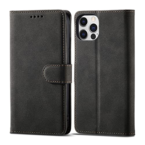 POTOK Funda Compatible con iPhone 13 Pro MAX, Funda Piel Suave para iPhone 13 Pro MAX, Funda Protectora de Cuero de PU con Cáscara de TPU, Funda Libro Tapa para iPhone 13 Pro MAX 5G (Black) Cover