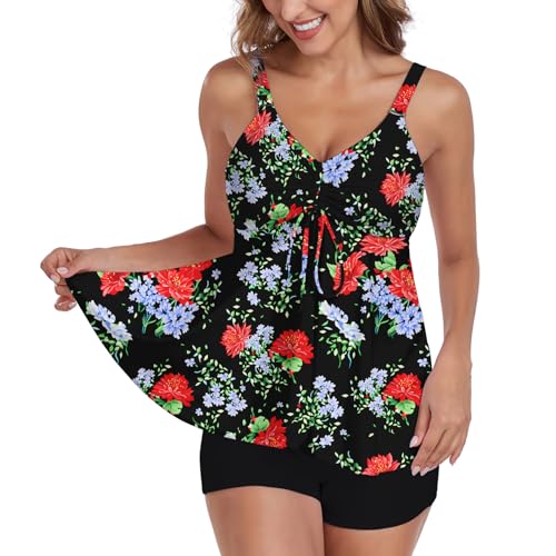 Jollkichay Tankini Swimsuits For Women Tummy Control Bathing Suit Athletic Two Piece Swimsuit Modest Tankini Top With Boyshort Swimming Suits 2 Piece Bathing Suit For Women Black Red Flower X-Large thumb #3
