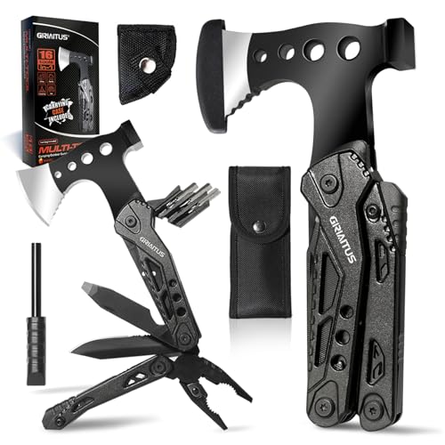 Camping Multitool Accessories Stocking Stuffers for Men 16 in 1 Multi Tool Survival Gear with Axe Hammer Pliers Saw Screwdrivers Bottle Opener Whistle with Sheath for Hiking, Gifts for Men Dad Him