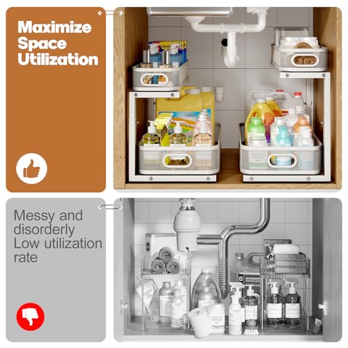 Image of 2 Pack 21.3IN-Depth Under Sink Organizer with Smooth Cylindrical Rail,2-Tier Pull Out Multi-Purpose Cabinet Storage for Bathroom&Kitchen,Height Adjustable,Rust-Resistant Coating-White