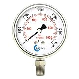 CARBO Instruments 2 1-2'' Pressure Gauge, Stainless Steel Case, Chrome Plated Brass Connection, Lqiuid Filled, 15000 psi Lower Mount 1/4'' NPT (Tamaño: 2- 1/2'')